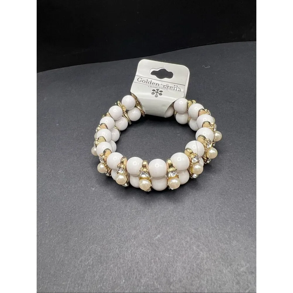 New! Golden Stella White Bead Faux Pearl Rhinestone Stretch Bracelet